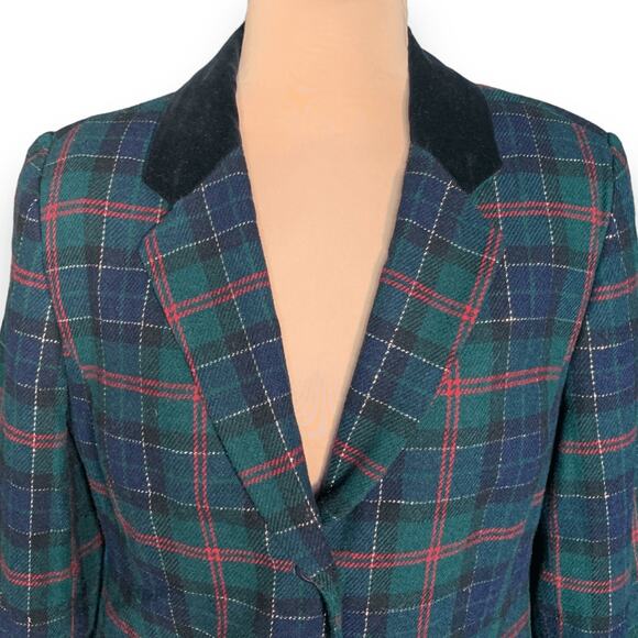 Vintage Navy Green Tartan Plaid Wool Blazer Velvet Collar Preppy Academia 12 - Picture 3 of 8